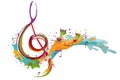 Abstract musical design with a treble clef and colorful splashes and waves. Royalty Free Stock Photo